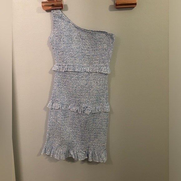 Size 6 Princess Polly blue one-shoulder bodycon ruched dress with ruffles. - Picture 2 of 4